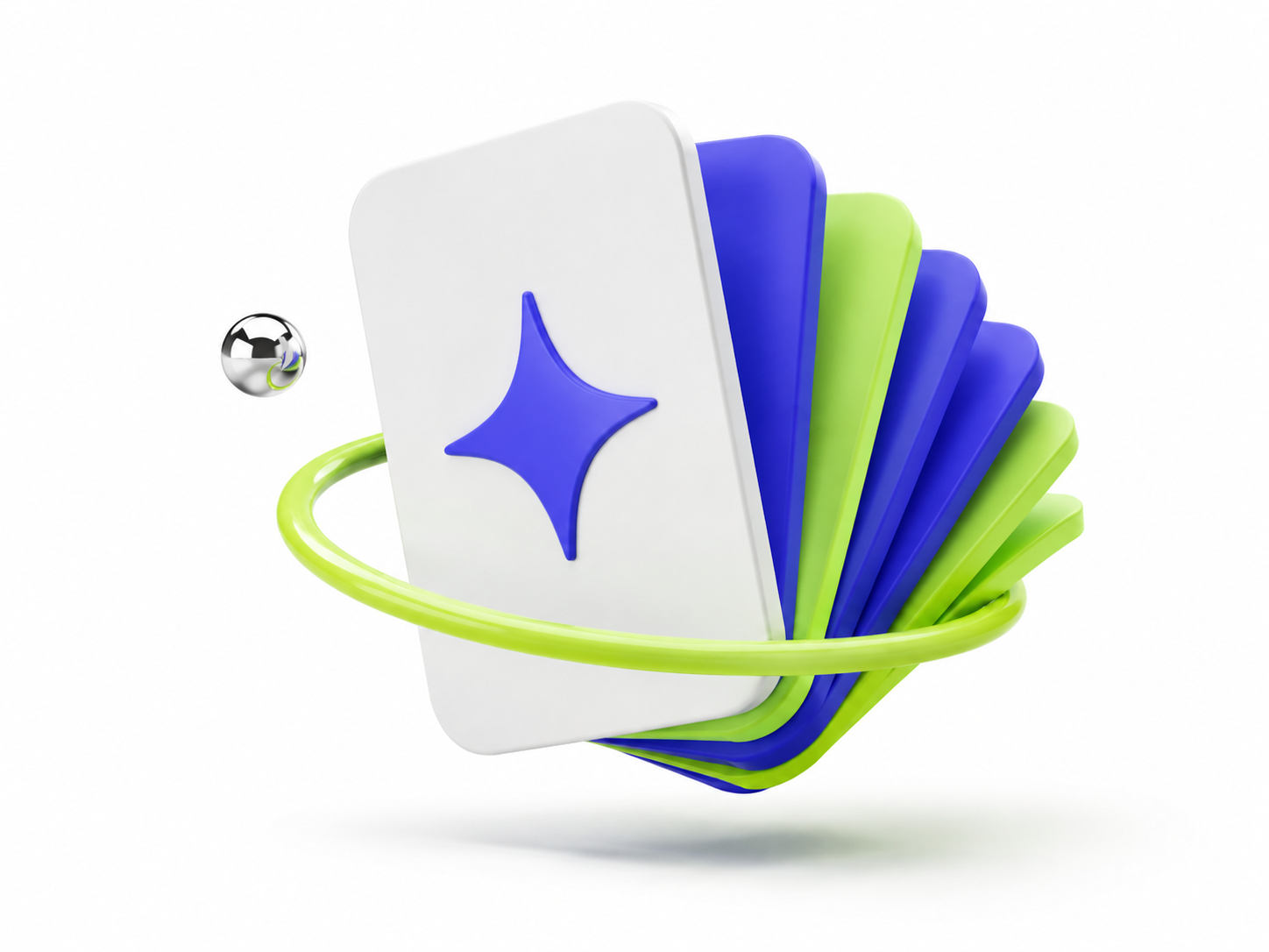 A sculptural stack of cobalt and lime flashcards, with a blue star and an orbiting lime ring